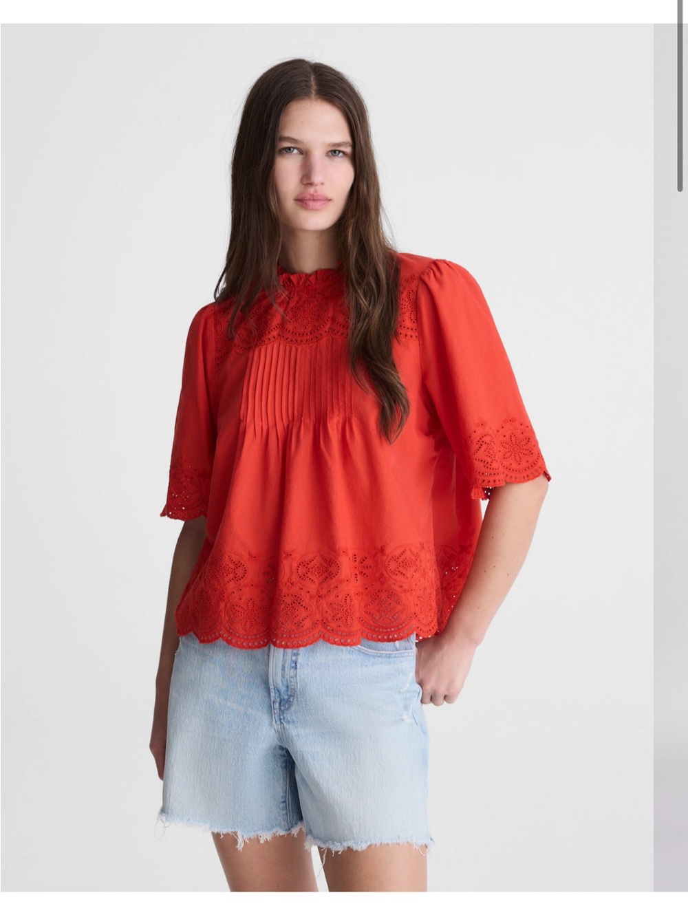 Madewell Embroidered Pintuck High-Neck Top in Wild Poppy Red Size XS NWT